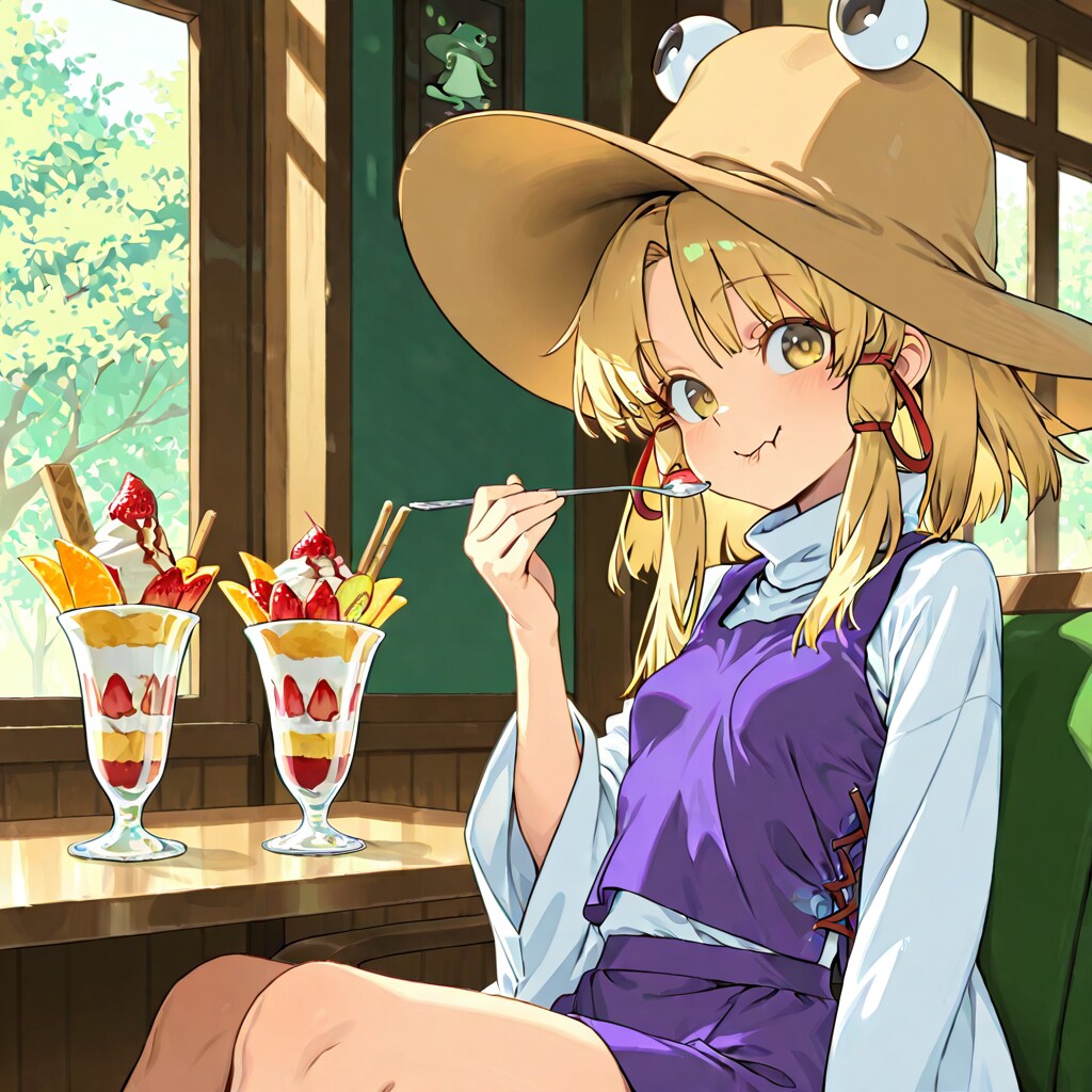カフェでパフェを食べる諏訪子