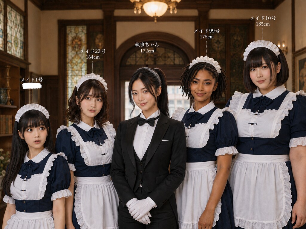 執事ちゃんとメイド組の身長比較