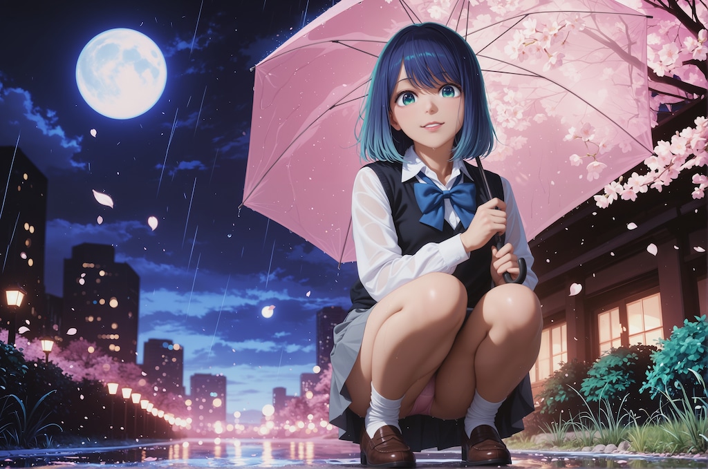 月夜の傘に、桜ひとひら
