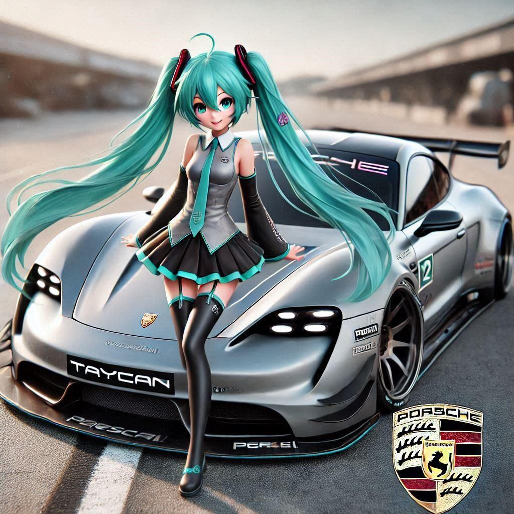 シルバーメタリックポルシェタイカンのドリ車と初音ミク