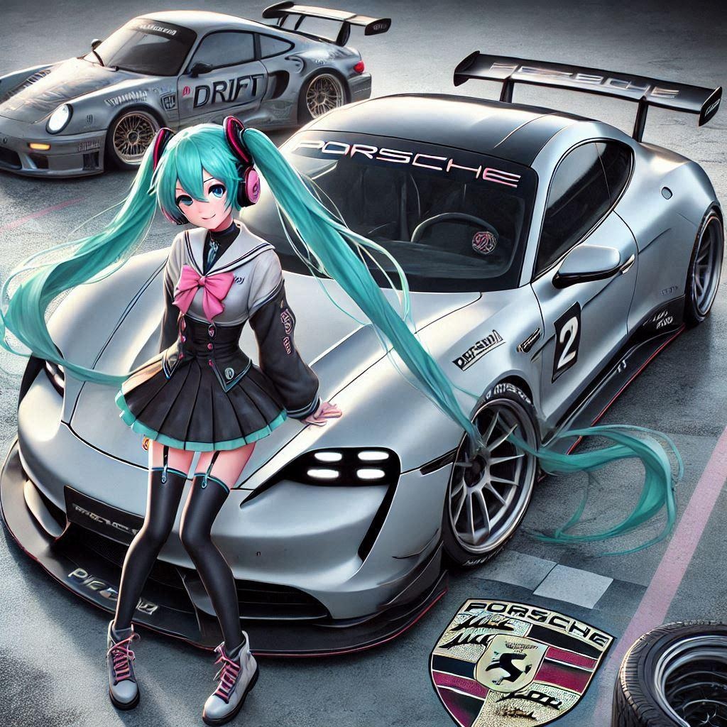 シルバーメタリックポルシェタイカンのドリ車と初音ミク