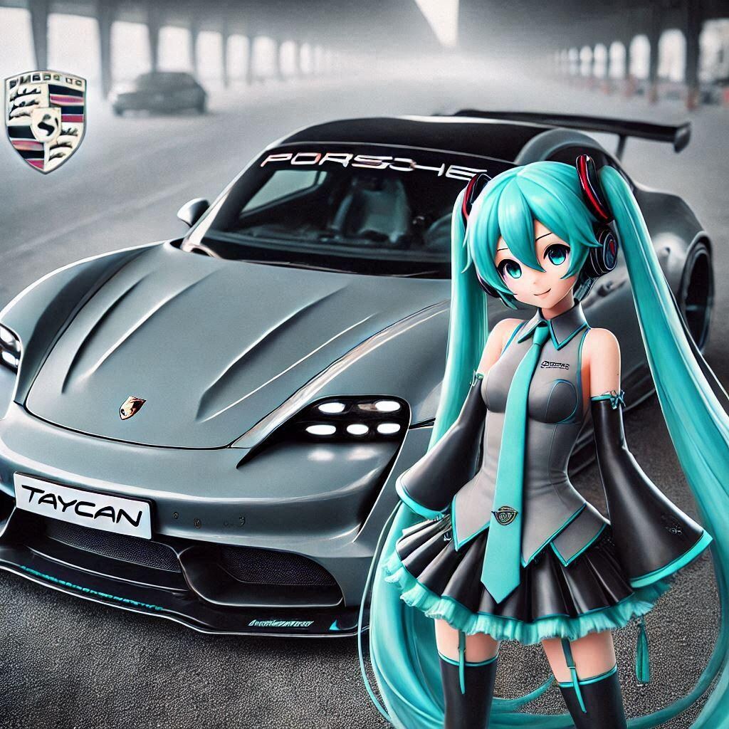 シルバーメタリックポルシェタイカンのドリ車と初音ミク