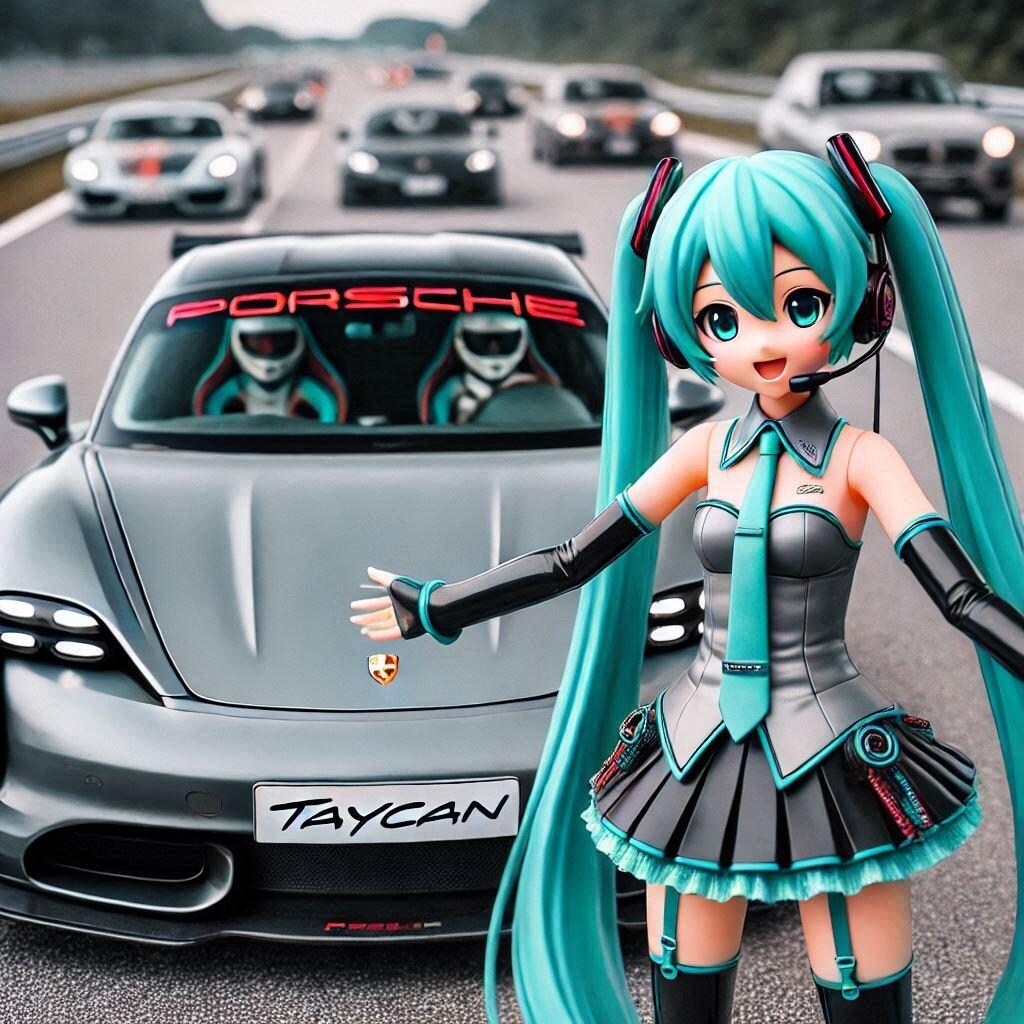 シルバーメタリックポルシェタイカンのドリ車と初音ミク