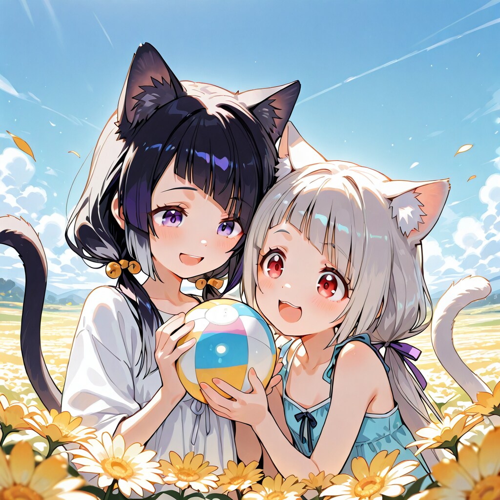 草原で遊ぶ猫娘