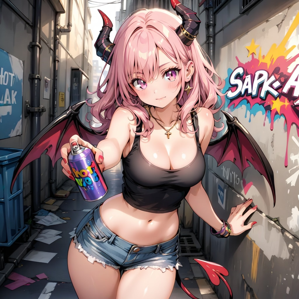 路地裏スプレーアート悪魔っ子260804