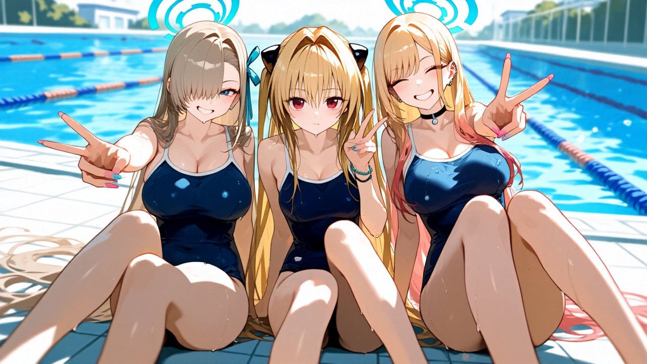 金髪ギャル３人　スク水