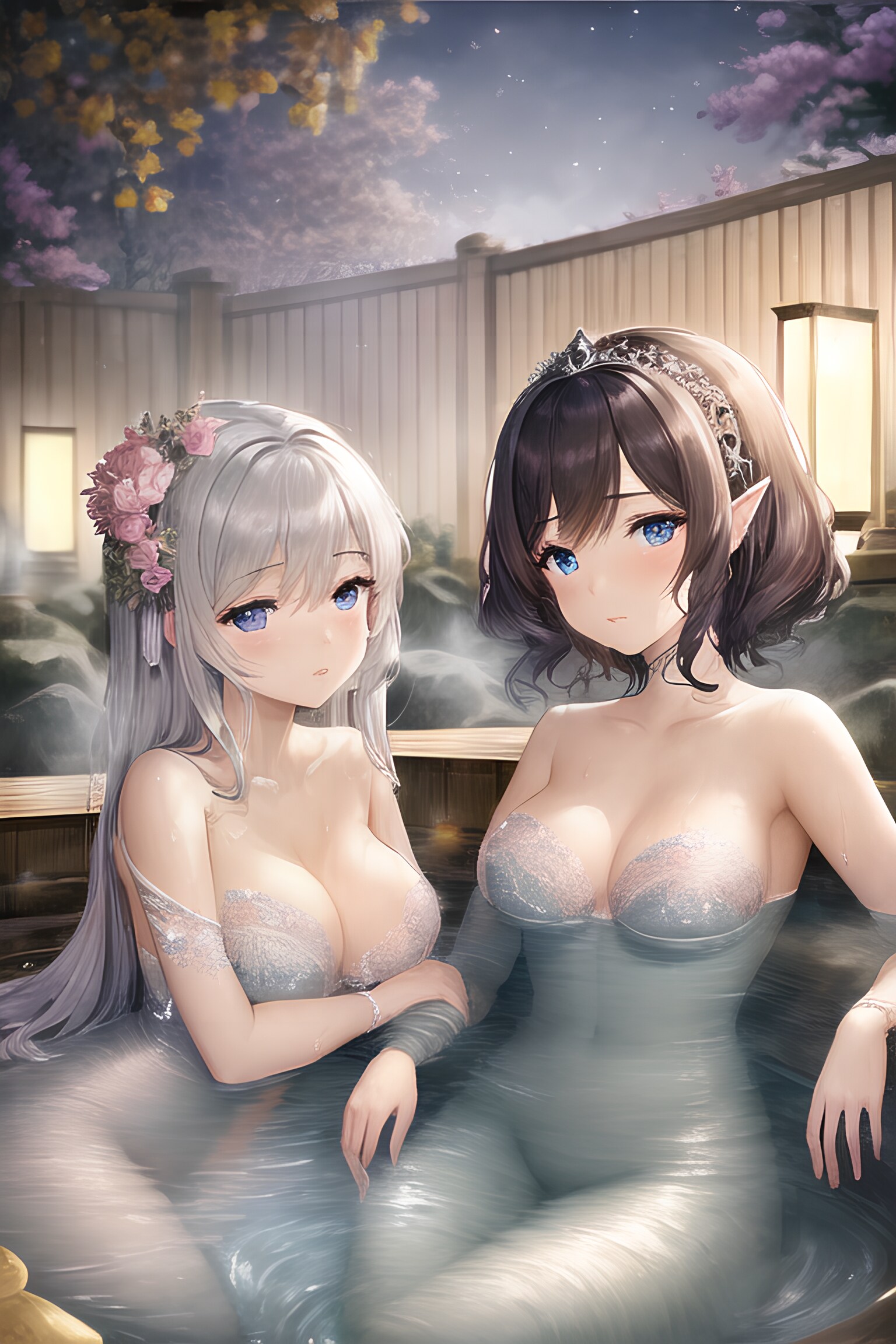 温泉に入る美しいエルフたち