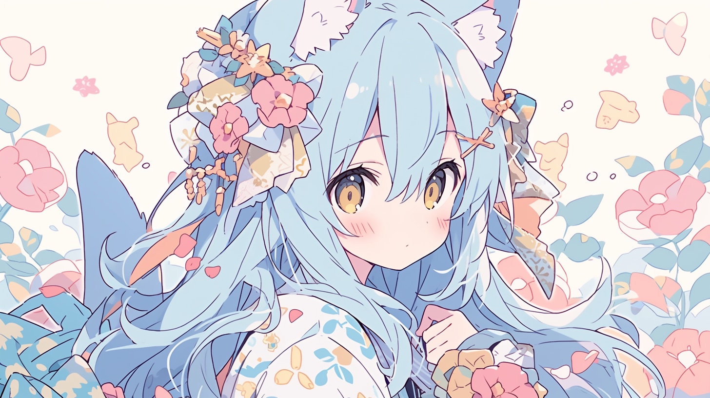 春の花園で微笑む青い猫少女