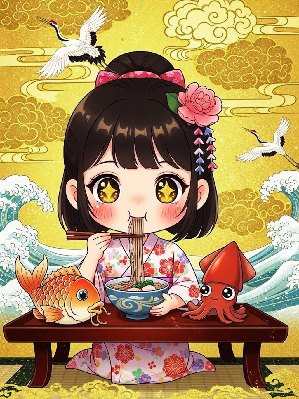 魚と烏賊と蕎麦を食う