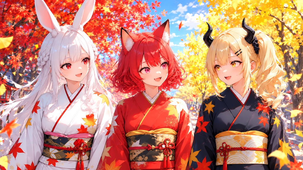 エリアーヌさんとカエデさんと秋の散歩な女鬼高生さん
