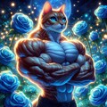 アニメ風、真夜中の青い薔薇の花園&ポージングするボディビルダー筋肉猫 3枚目