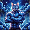 アニメ風、真夜中の青い薔薇の花園&ポージングするボディビルダー筋肉猫 2枚目