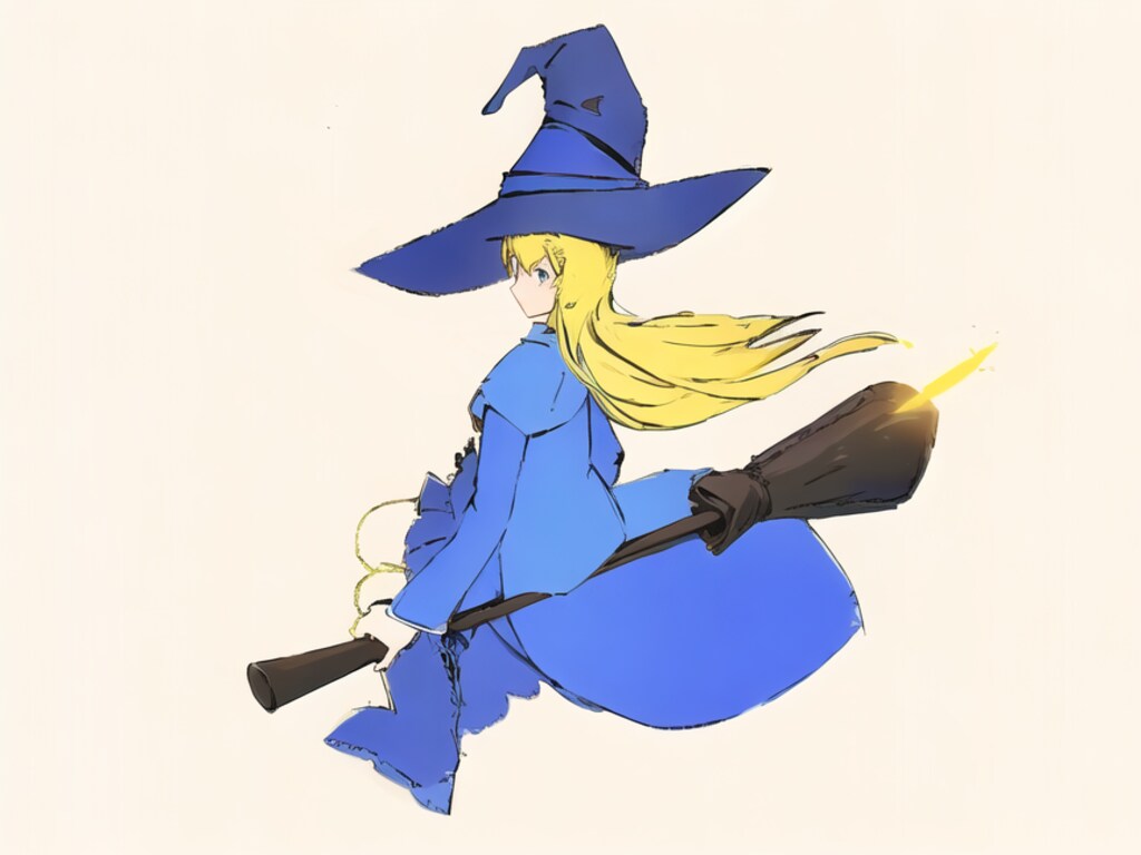 箒で飛び立つ魔女っ娘（12枚　> ボタンを連打するとアニメーションっぽくなります！）