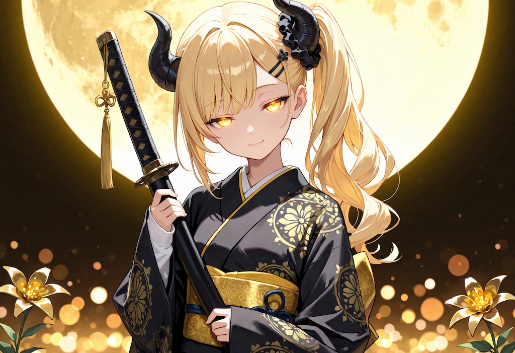 月下の刀と金色花の女鬼高生さん