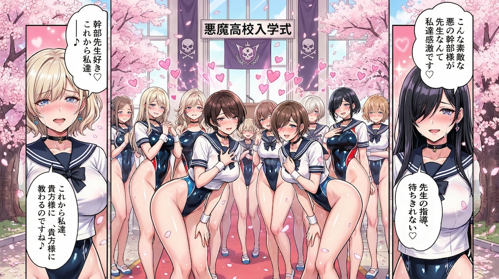 悪の教育機関の入学式♪先生が憧れの悪の幹部様達で生徒のハイレグ女戦闘員達♪涙目大感激💕・・（感激のあまりオウムのように同じセリフを繰り返してる娘もいますが？😅見逃してください💦）