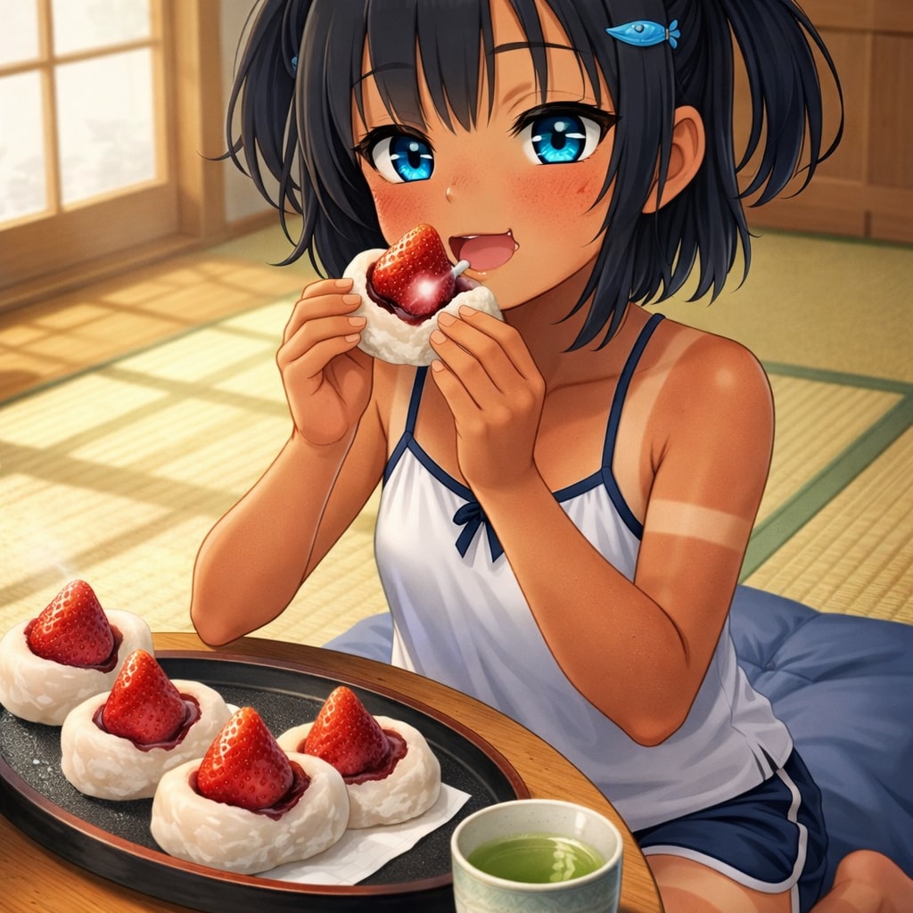 いちご大福を食べるこなつちゃん