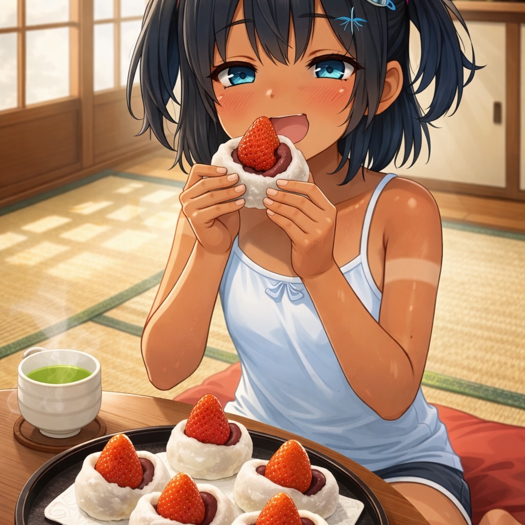 いちご大福を食べるこなつちゃん