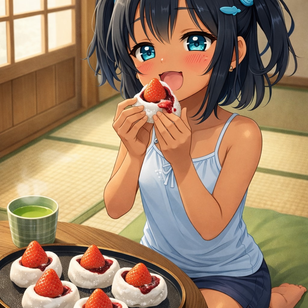 いちご大福を食べるこなつちゃん