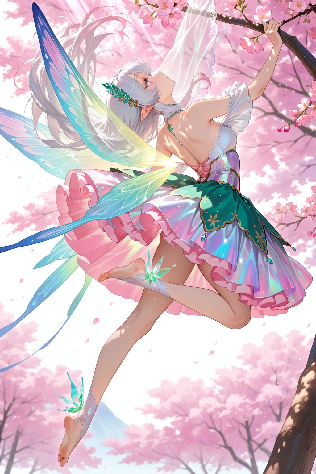 舞い上がり満開の桜の枝に掴まり、樹々の大きさを感じている桜より生まれし蝶の精霊 | の人気AIイラスト・グラビア