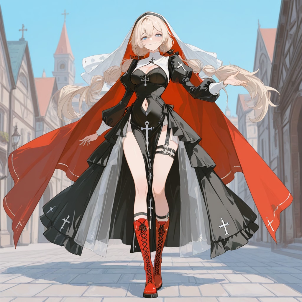 黒いドレスに赤いマントをまとう シスター