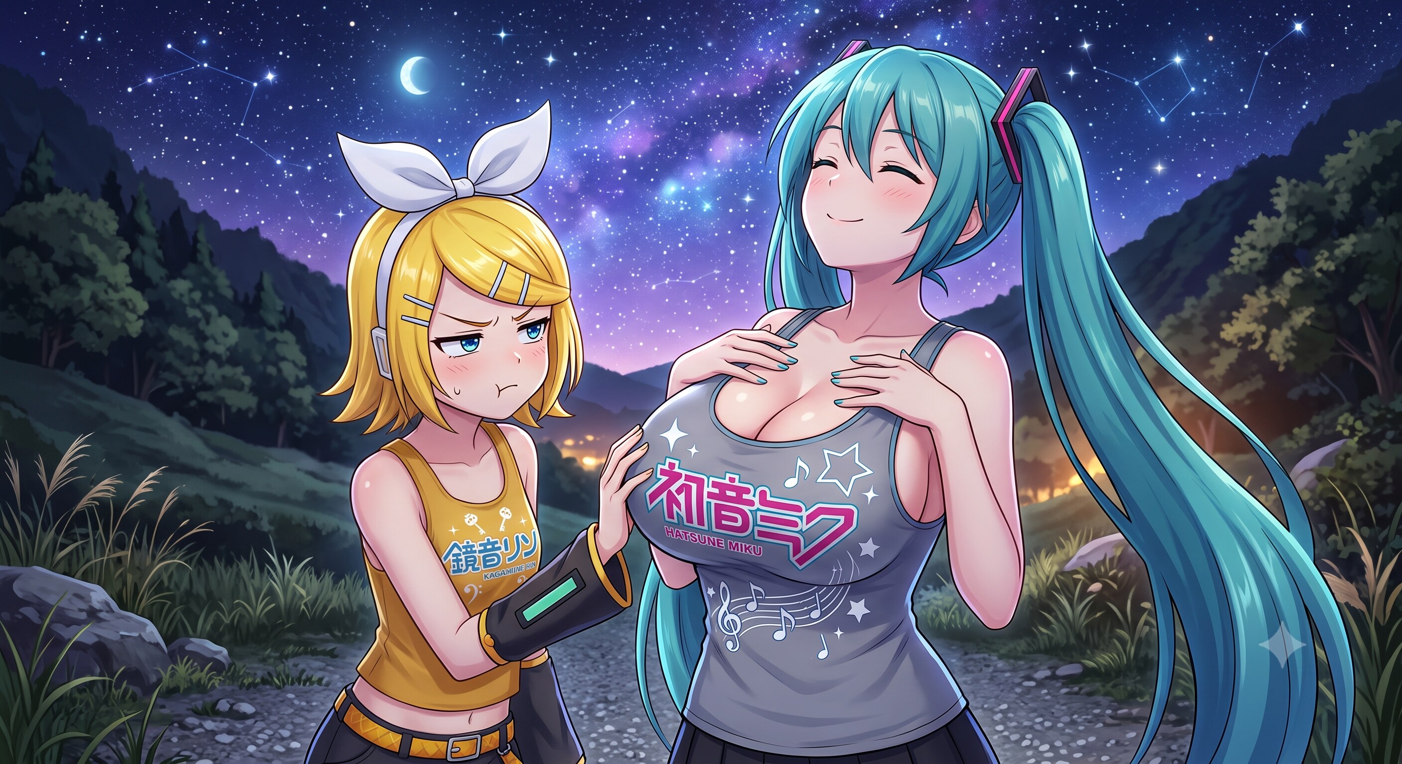 ミクさんリンさん星空の下で😏