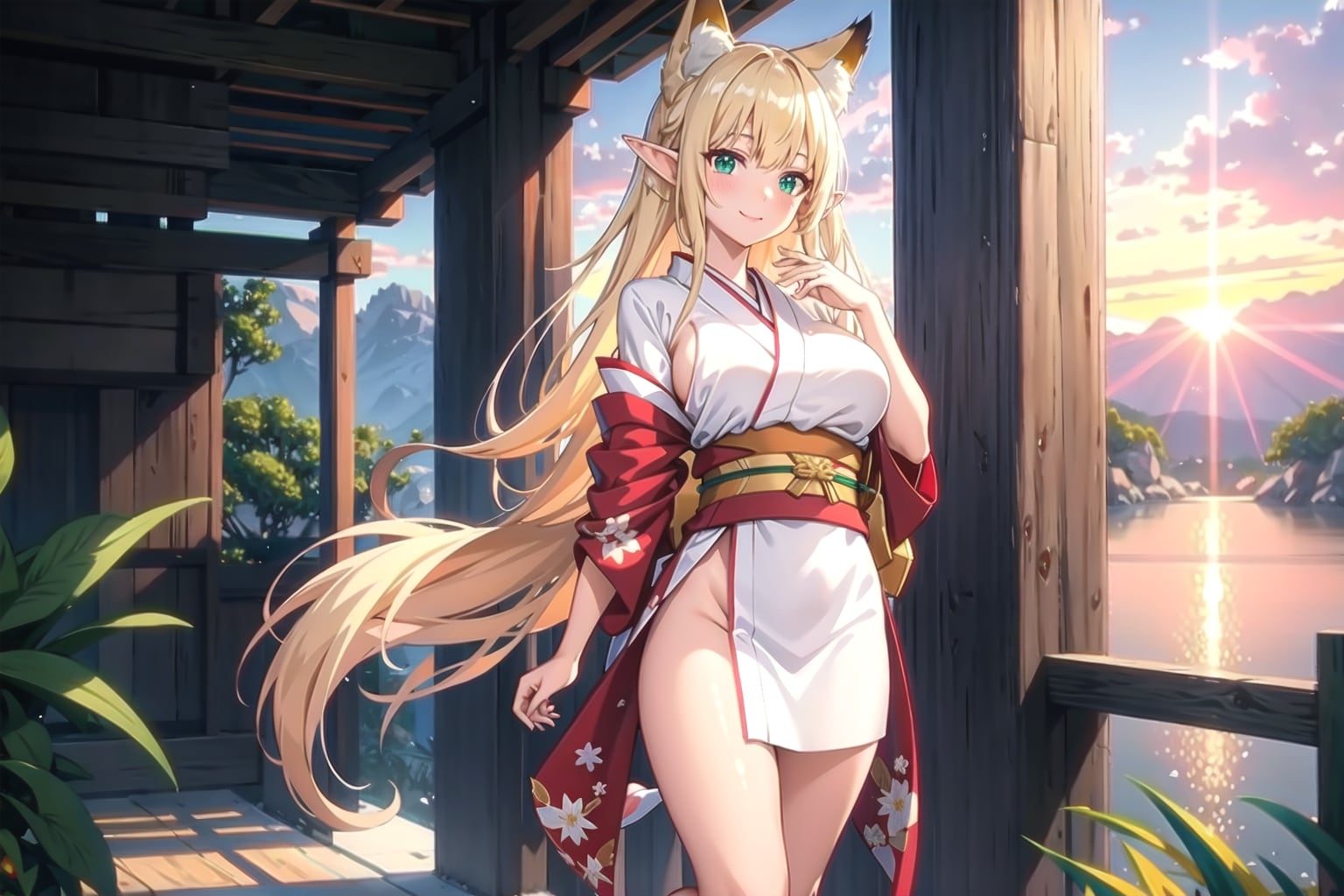 着物姿狐耳のエルフの若奥様