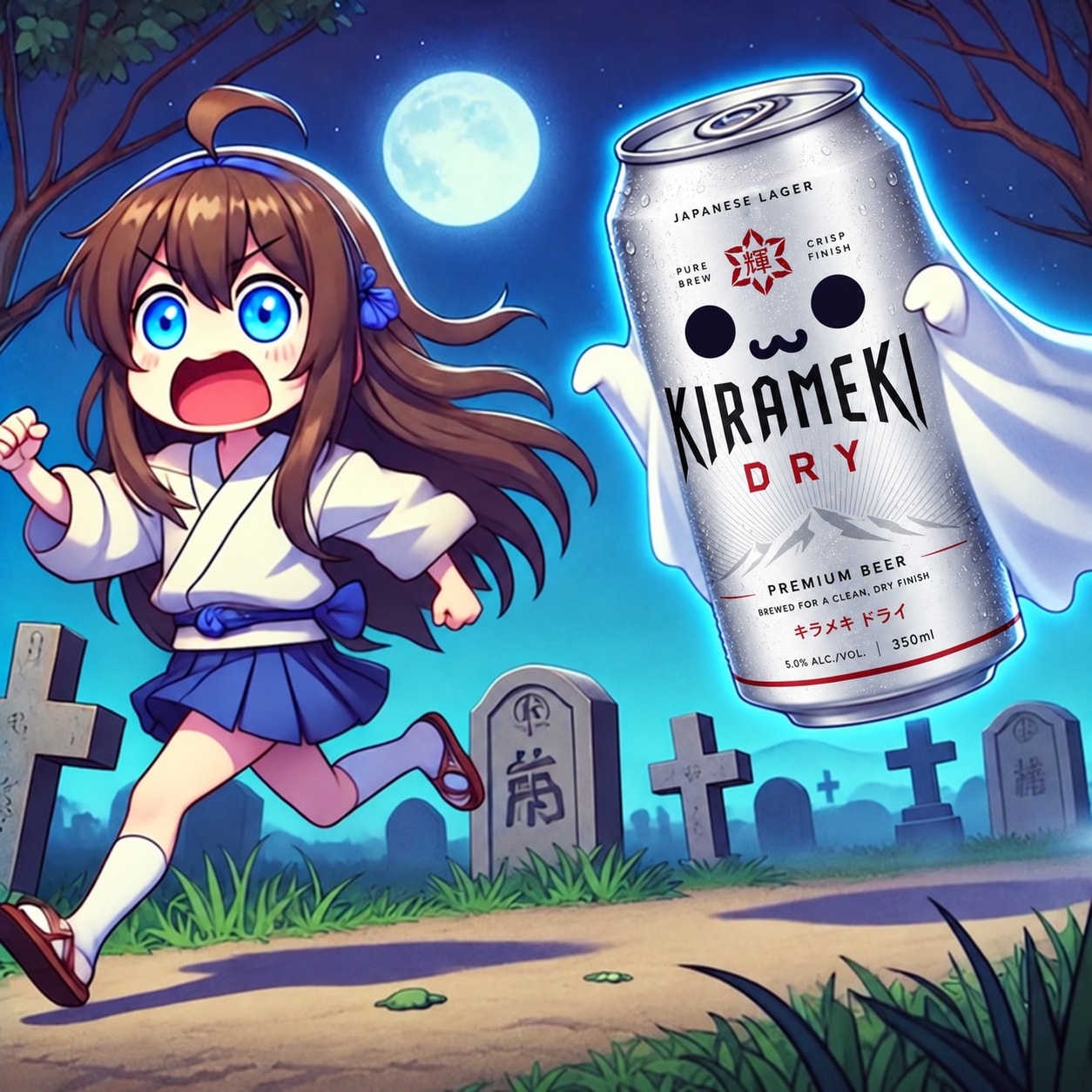 ビール缶の幽霊に驚かされる小さな女の子 | の人気AIイラスト・グラビア
