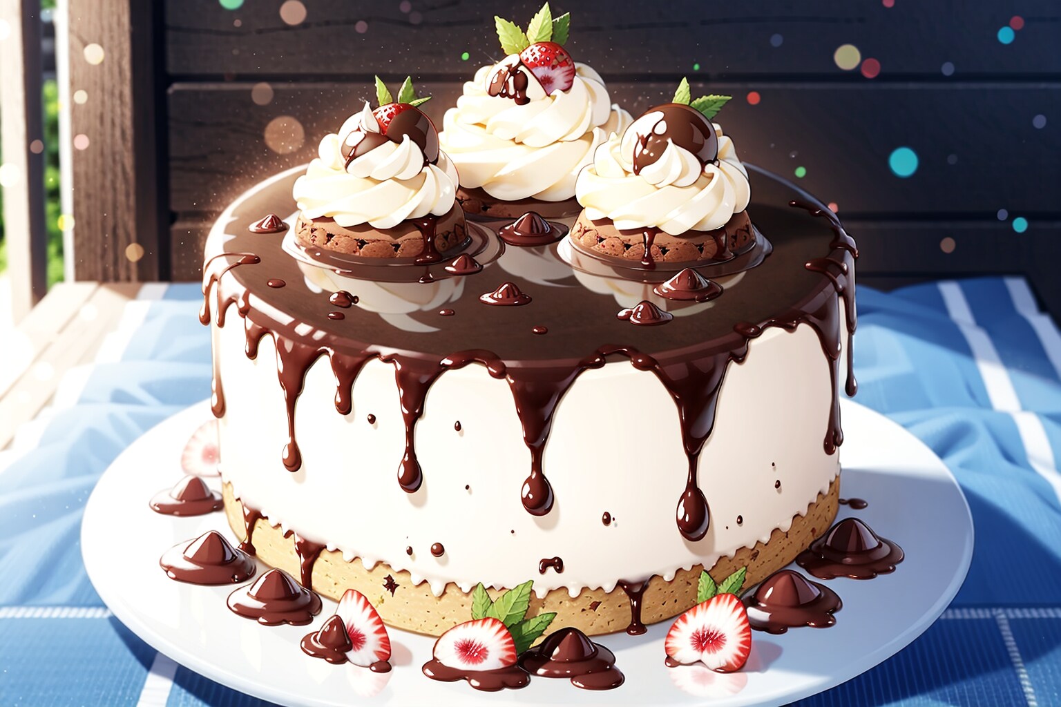 これガトーショコラちゃう。ホールケーキにチョコソースとモンブランが乗った美味しそうなケーキや | の人気AIイラスト・グラビア