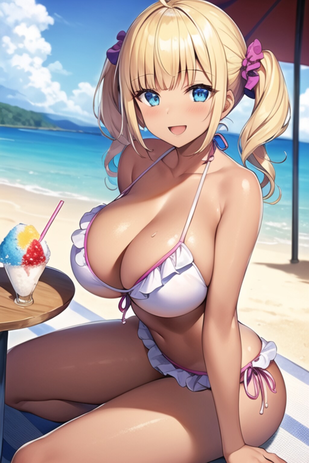 ビーチでかき氷を注文した金髪ギャル