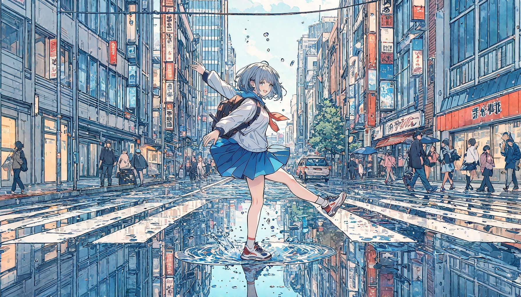 街と水たまり、少女263 | の人気AIイラスト・グラビア