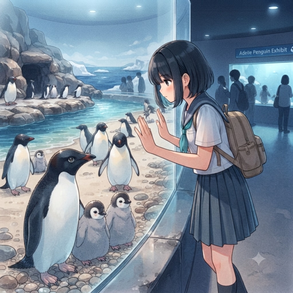 ペンギンを見る少女