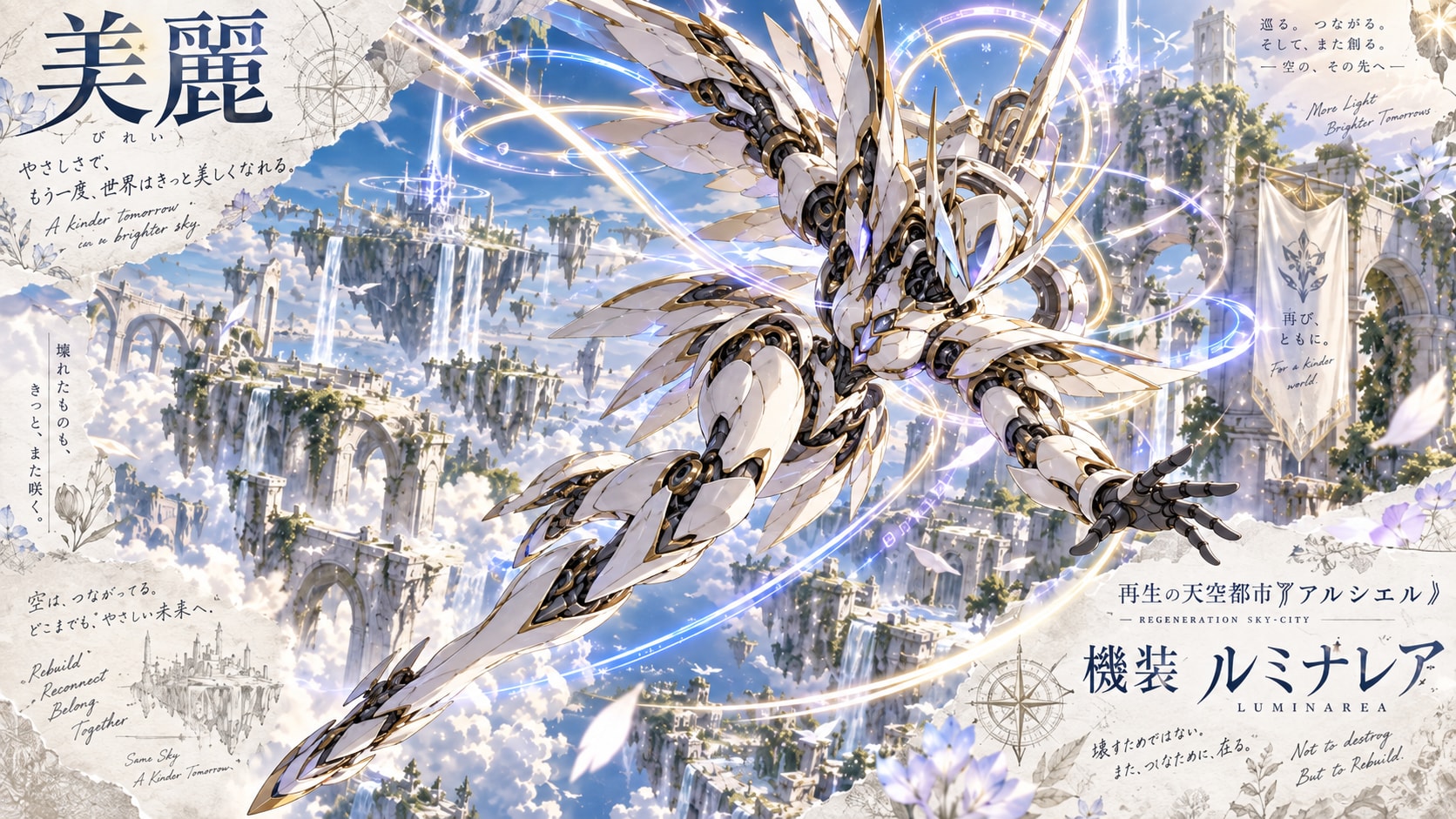 Mechanized Luminarea, soaring through the regenerating sky-city of Archiel, wings cutting rings of l | の人気AIイラスト・グラビア