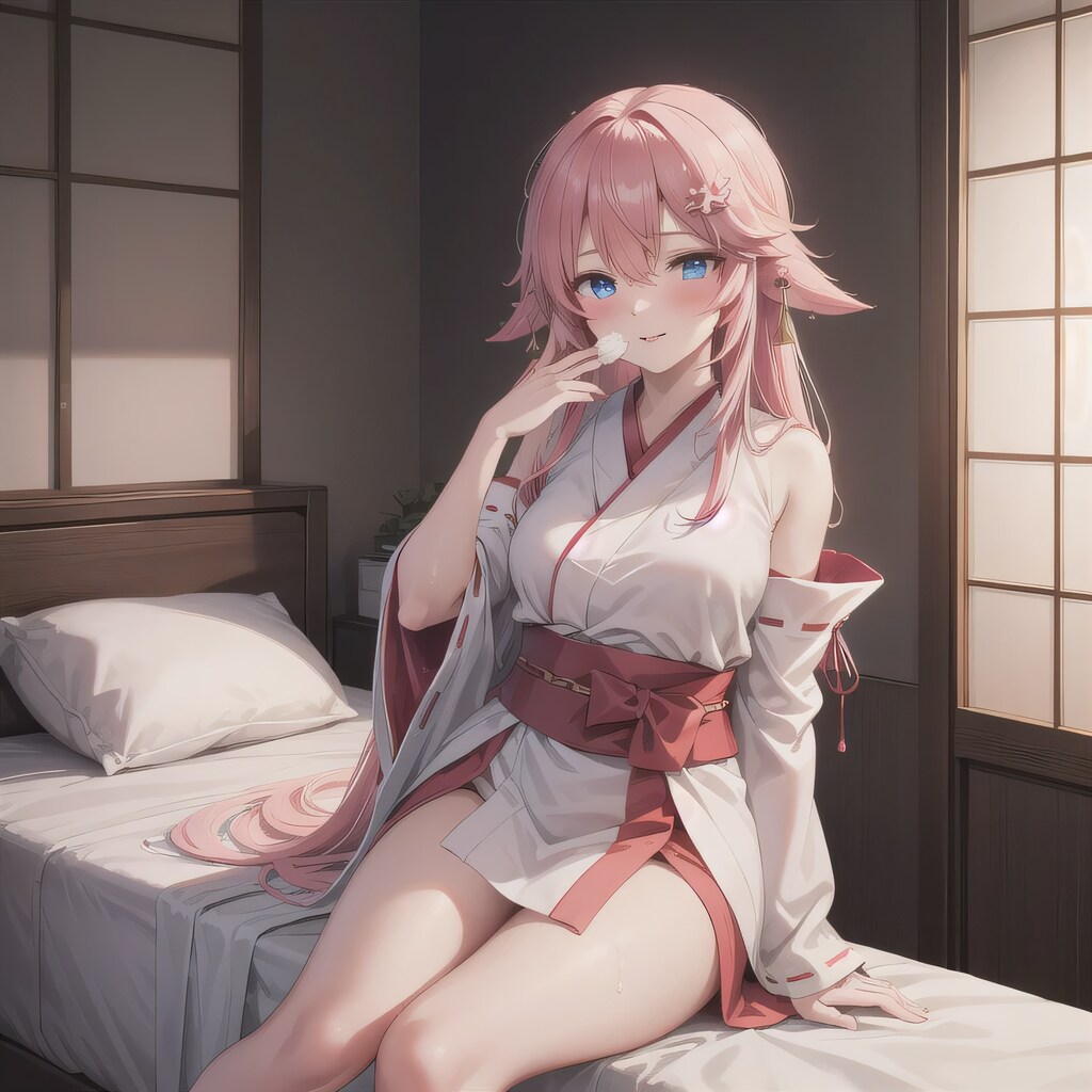 ピンク髪ロングで巫女服の少女