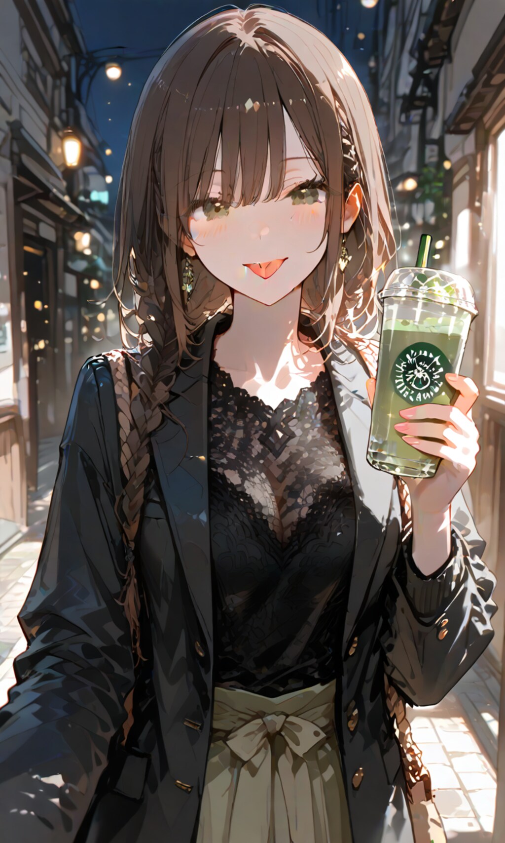 抹茶系飲料を補給するOLさん