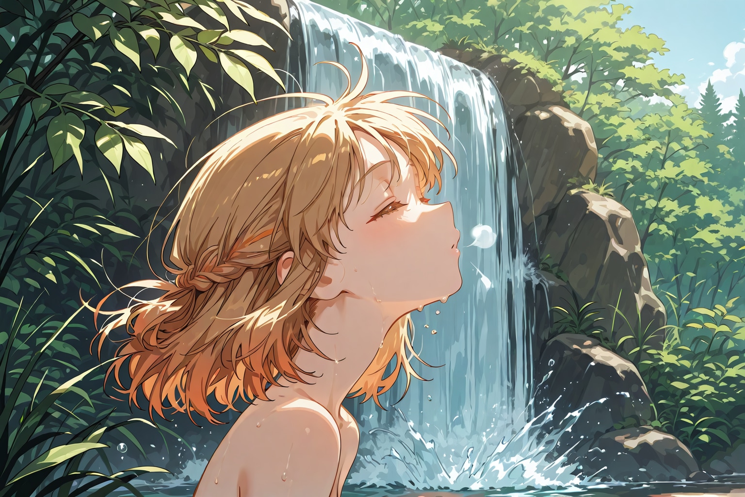 水浴びの少女、大自然と滝