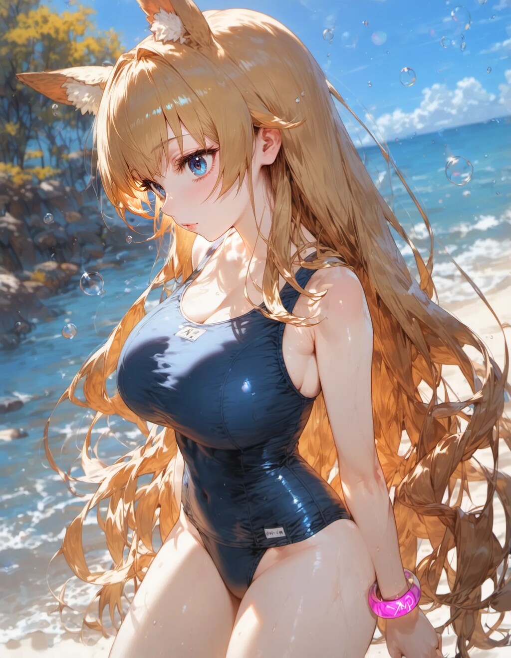 Beachside Cat-Girl in a School Swimsuit