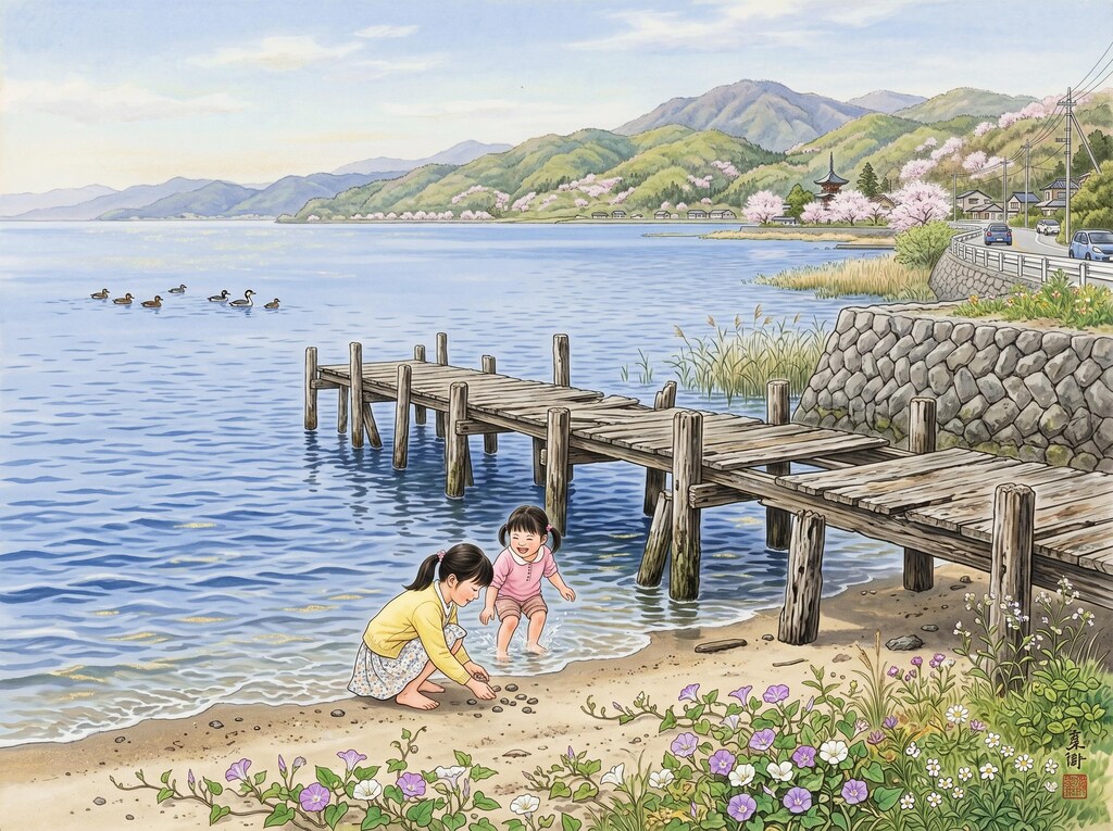 浜昼顔の咲く湖岸風景