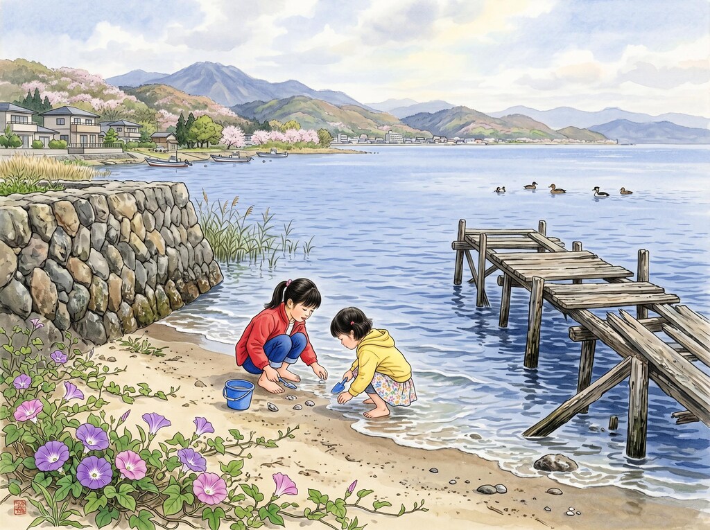 浜昼顔の咲く湖岸風景