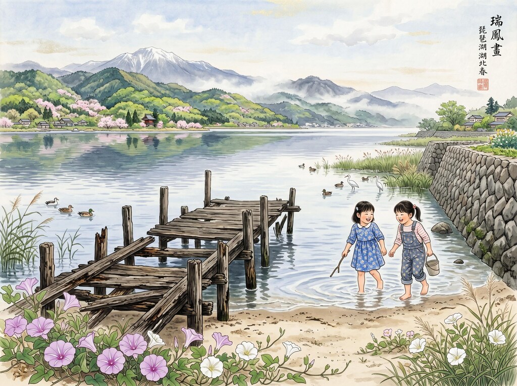 浜昼顔の咲く湖岸風景