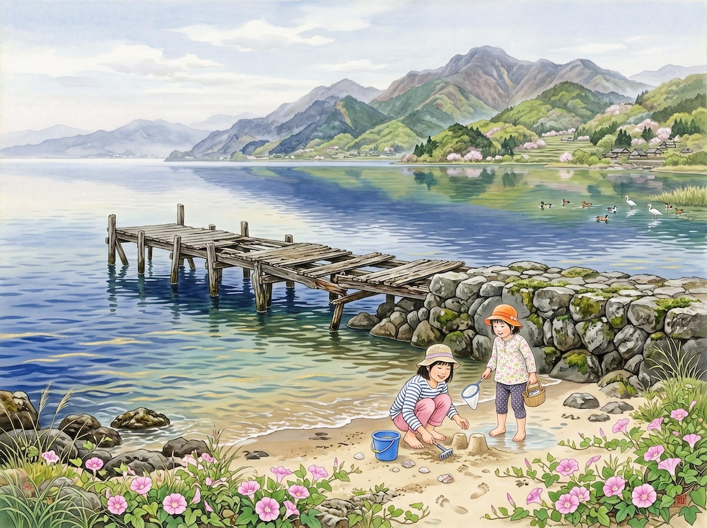 浜昼顔の咲く湖岸風景