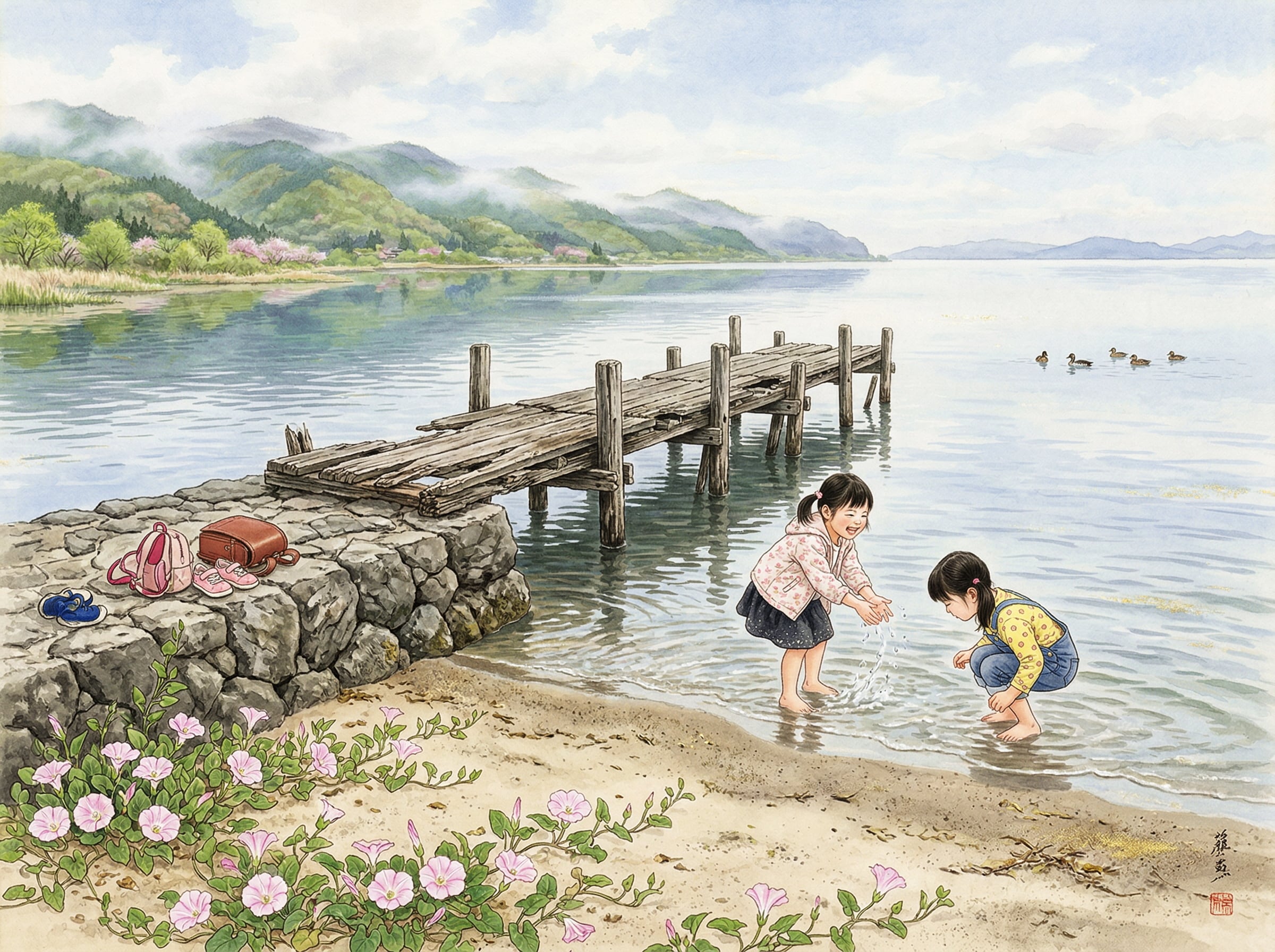 浜昼顔の咲く湖岸風景
