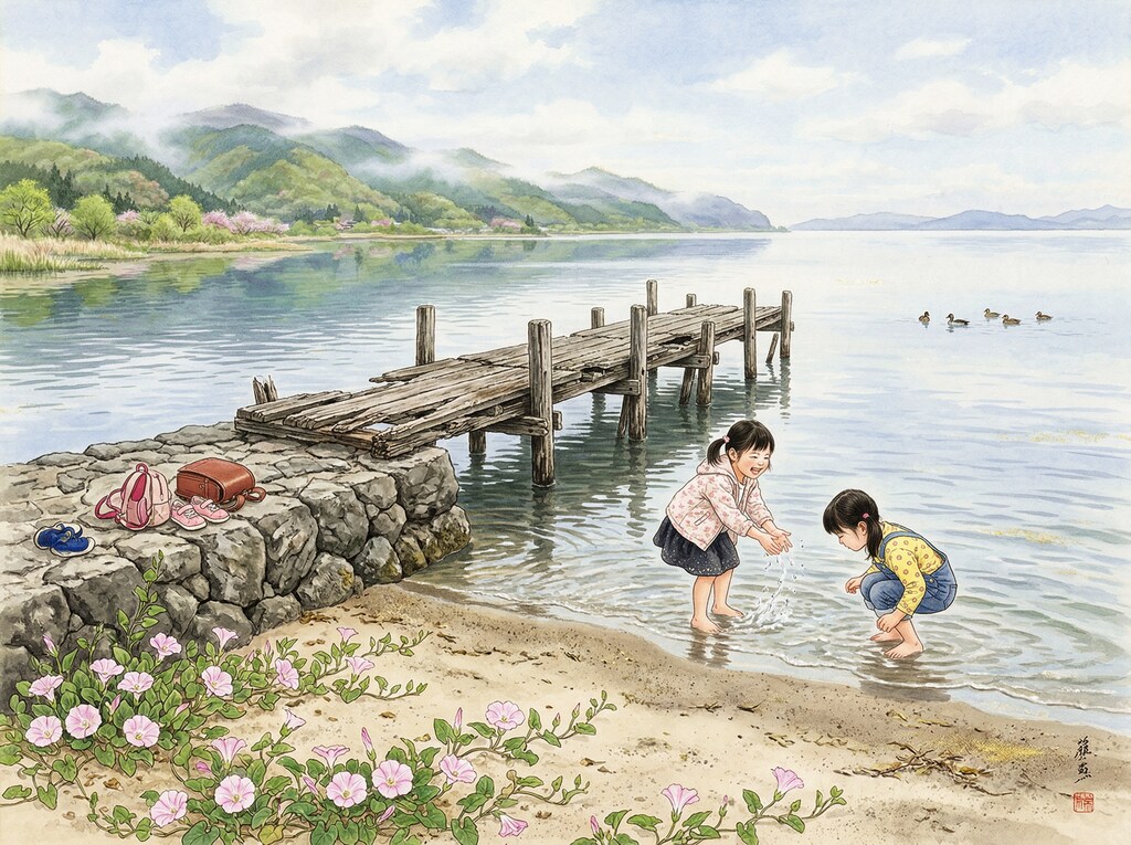 浜昼顔の咲く湖岸風景