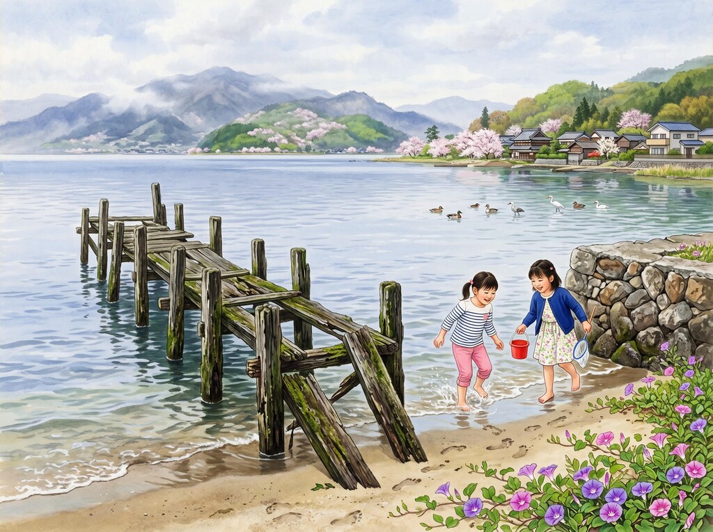 浜昼顔の咲く湖岸風景