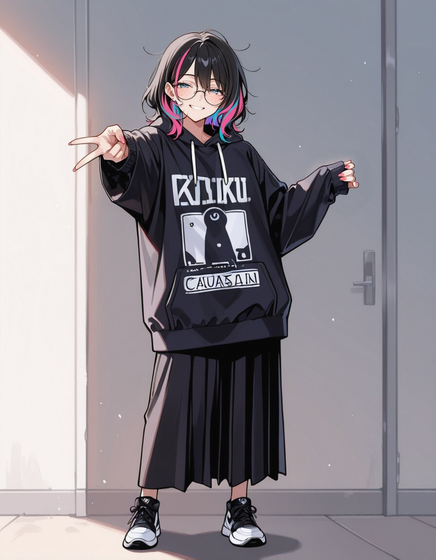 海外のオタクな女の子ロングスカートでギャルピース