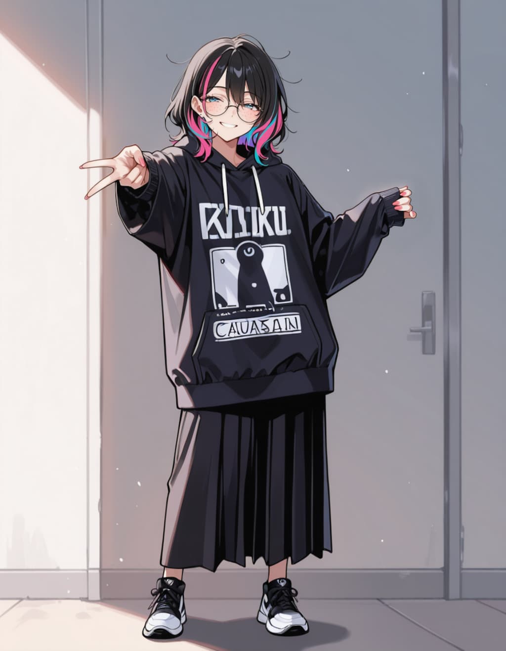 海外のオタクな女の子ロングスカートでギャルピース