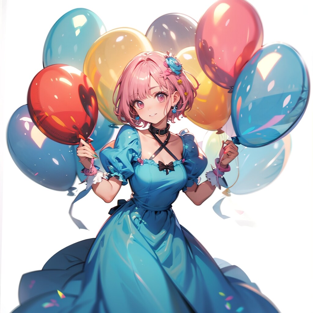 いっぱい風船を持つピンク髪ショートカットのお姫様。