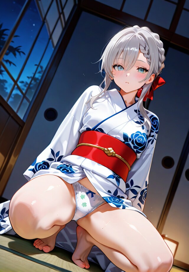 和服でしゃがむときは脚を閉じないと。