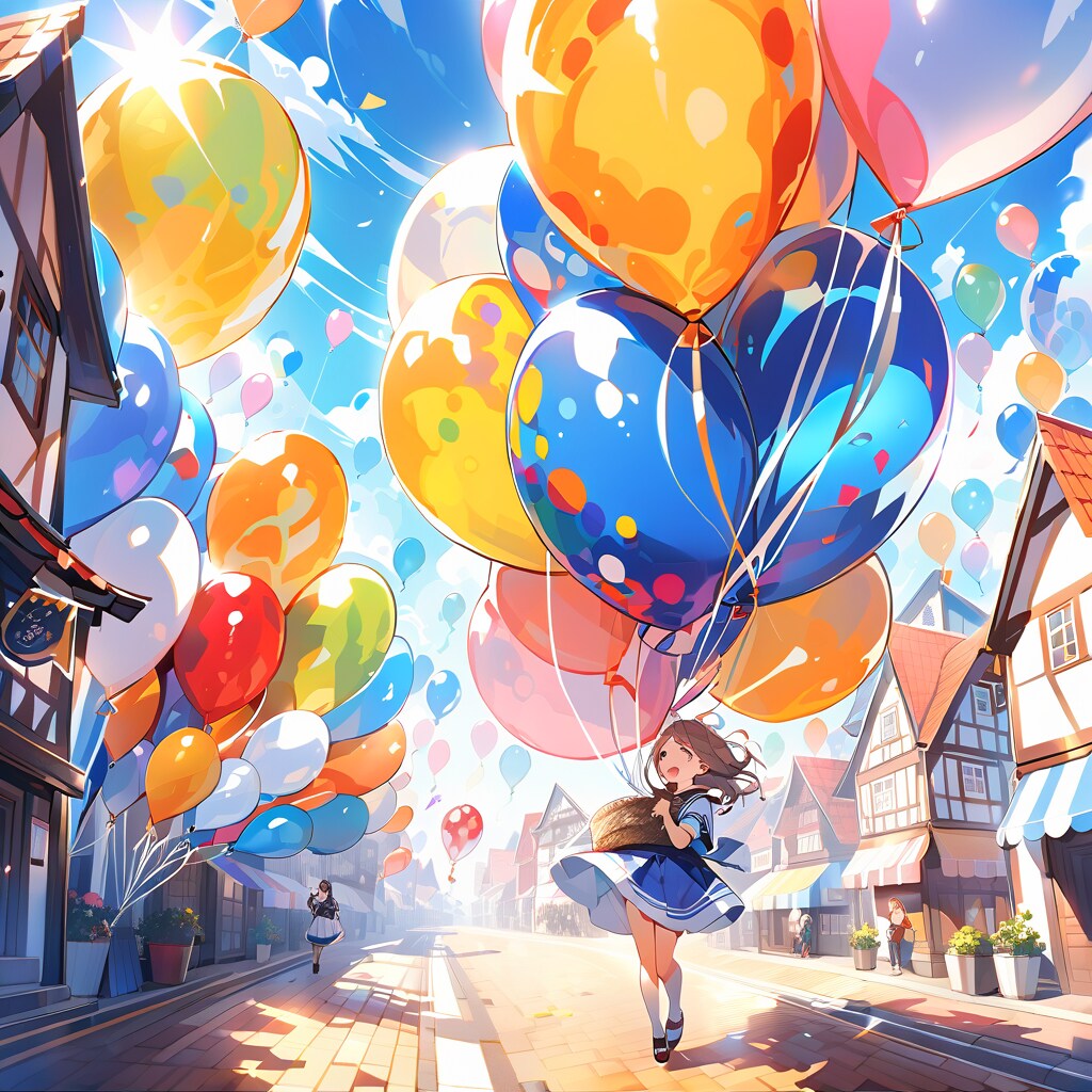 港街で巨大風船をいっぱい膨らませて遊ぶセーラー服の美少女 | の人気AIイラスト・グラビア