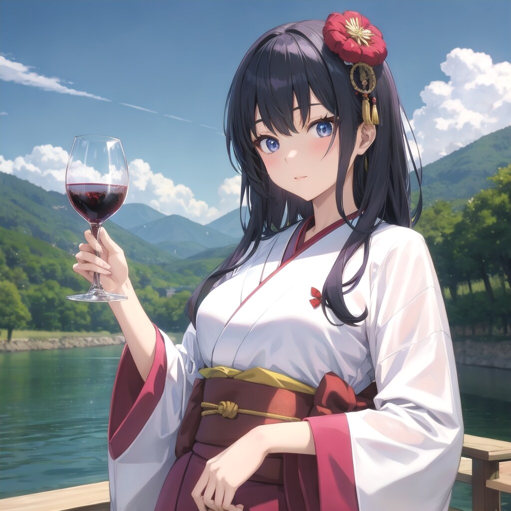 湖畔でワインを