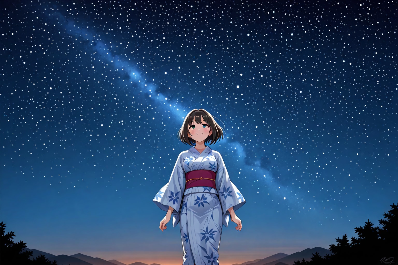 星空を見上げる鷹富士茄子